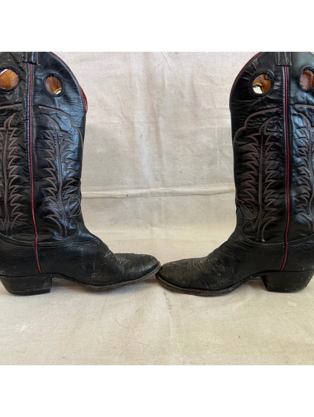 Vintage Tony Lama Black Leather Round Toe with Red Contrast Stitch Men Size 11